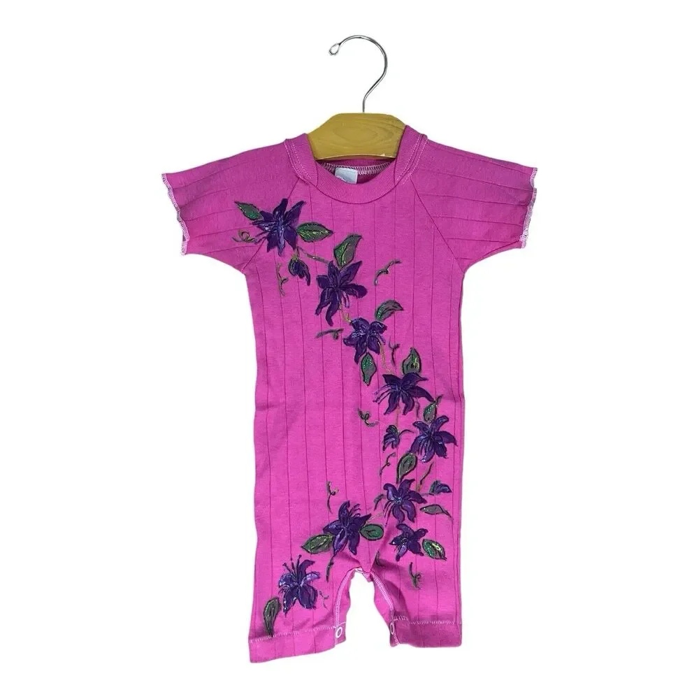 Vintage Hand Painted Gerber Onesie Romper Pink Floral Flowers 19-26 Lbs USA